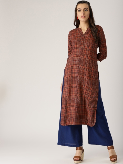 

Libas Women Rust Orange & Navy Checked Straight Kurta