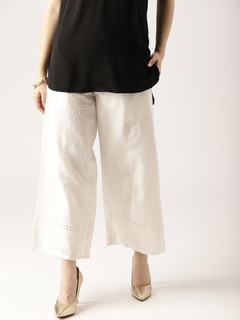 

Libas Women White Schiffli Embroidered Straight Palazzos