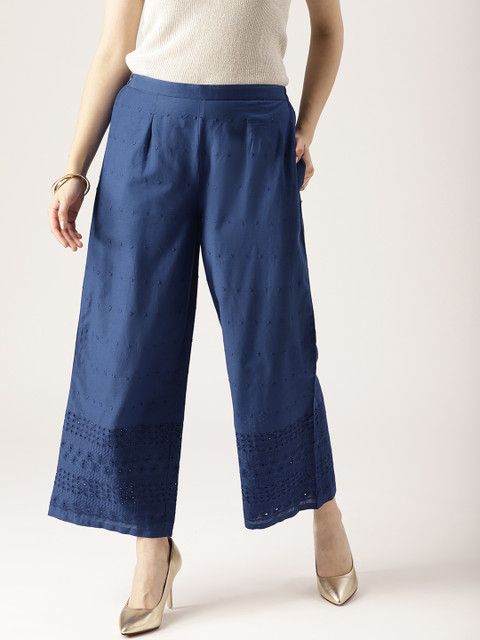 

Libas Women Navy Schiffli Embroidered Wide Leg Palazzos, Navy blue