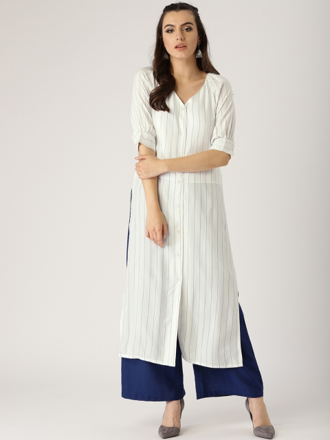 

Libas Women White & Blue Striped Straight Kurta