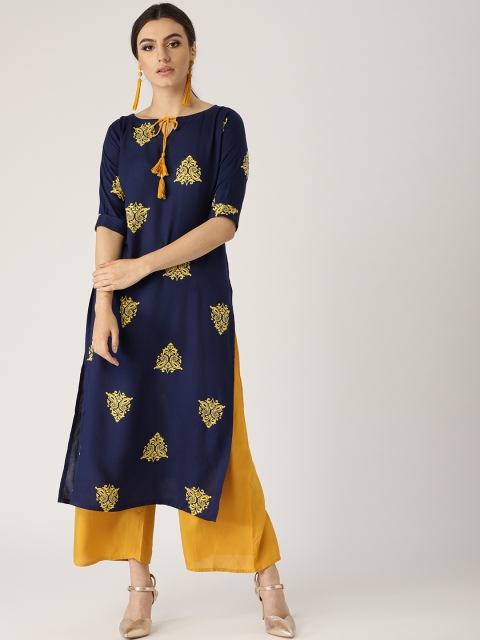 

Libas Women Navy Blue & Yellow Printed Straight Kurta