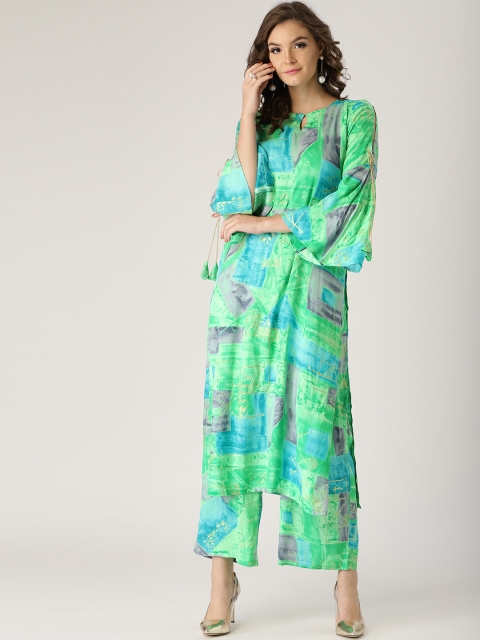 

Libas Women Green & Turquoise Blue Printed Kurta with Palazzos