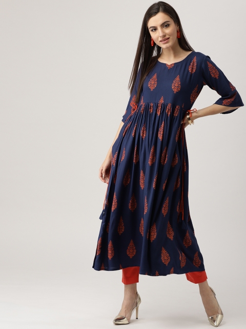 

Libas Women Navy Blue & Orange Printed A-Line Kurta