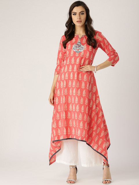 

Libas Women Coral Orange & Beige Asymmetric Printed A-Line Kurta