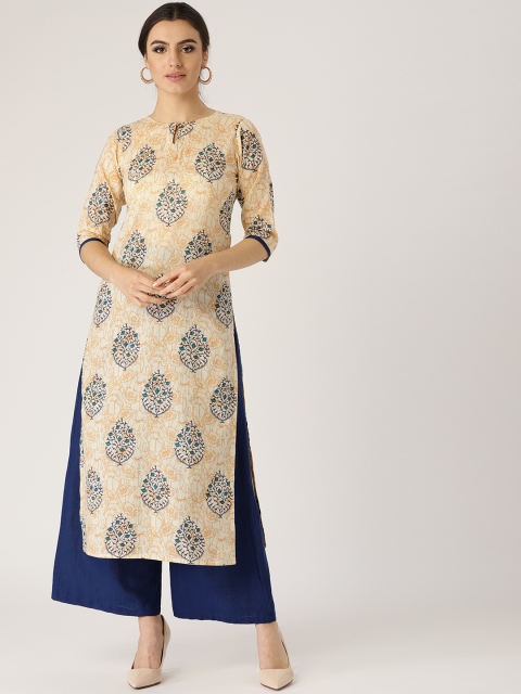 

Libas Women Beige & Navy Blue Printed Straight Kurta