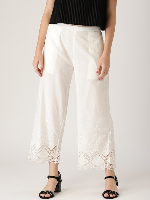 

Libas Women White Straight Cropped Hem Design Palazzos