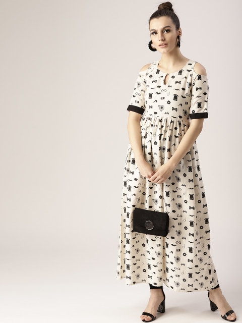 

Libas Women Off-White & Black Printed Cold-Shoulder Maxi Dress