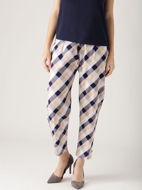 

Libas Women Navy Blue & Beige Regular Fit Checked Trousers