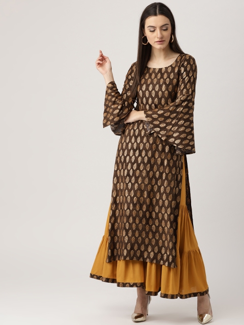 

Libas Women Coffee Brown & Mustard Brown Printed Kurta with Sharara