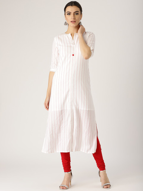 

Libas Women White & Red Striped Straight Kurta