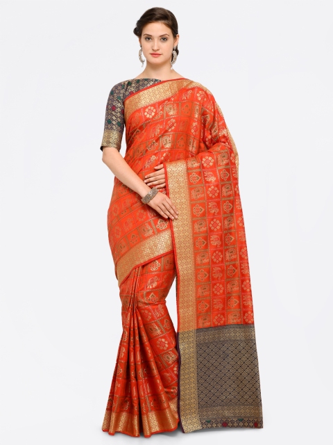

Saree mall Women Orange & Blue Silk Blend Embellished Kanjeevaram Saree