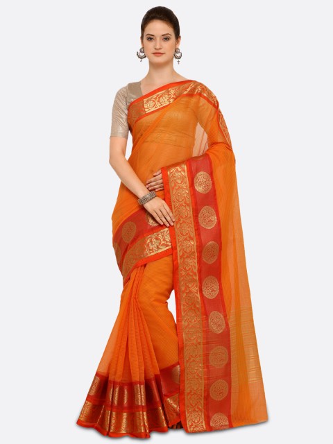 

Saree mall Orange Art Silk Striped Chanderi Saree
