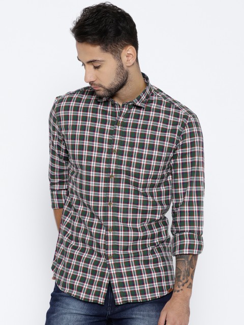 

John Players Men Green & White Trim Fit Checked Casual Shirt