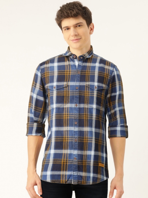 

John Players Men Navy Blue & Mustard Trim Fit Checked Casual Shirt