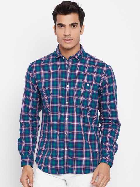 

John Players Men Blue & Green Trim Fit Checked Casual Shirt