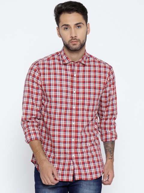 

John Players Men Red & White Trim Fit Checked Casual Shirt