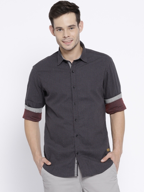 

John Players Men Charcoal Grey & Red Trim Fit Self Design Casual Shirt