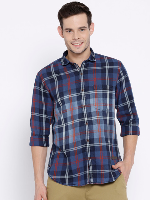 

John Players Men Navy Blue & Red Trim Fit Checked Casual Shirt