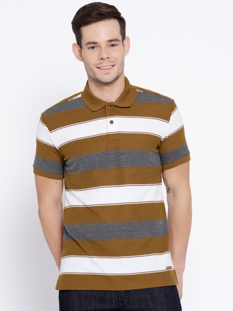 

John Players Men Mustard Brown Striped Polo Collar T-shirt