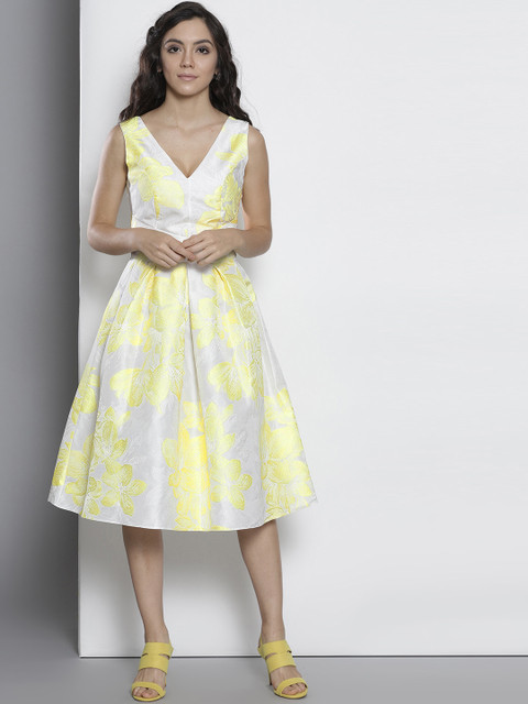 

DOROTHY PERKINS Women White & Yellow Printed Fit & Flare Dress