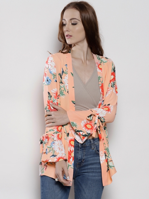 

DOROTHY PERKINS Peach-Coloured & Green Printed Open Front Shrug