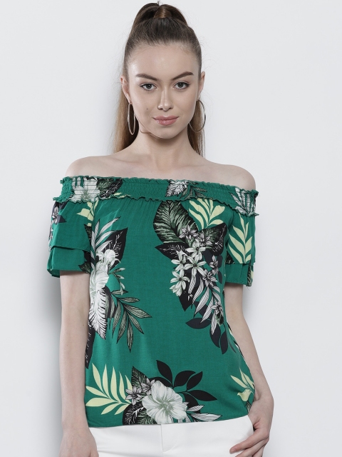 

DOROTHY PERKINS Women Green Tropical Print Bardot Top