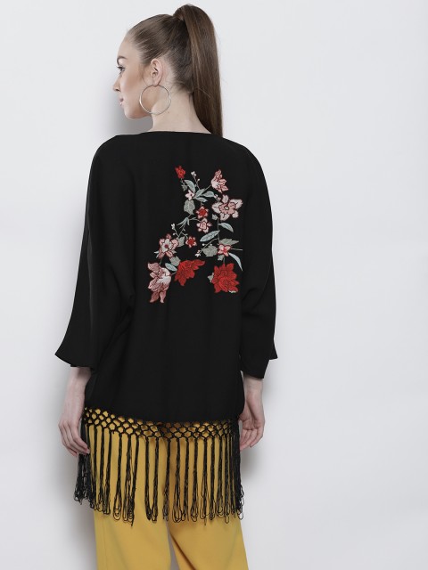 

DOROTHY PERKINS Black Applique Detail Fringed Open Front Shrug
