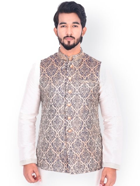 

Manyavar Men Beige & Blue Woven-Design Nehru Jacket