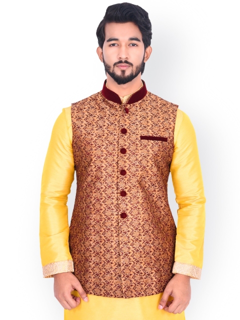 

Manyavar Men Beige & Maroon Woven-Design Nehru Jacket