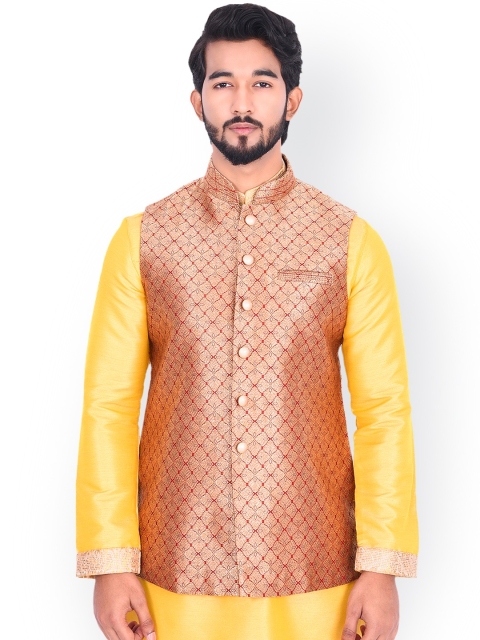 

Manyavar Men Beige & Maroon Woven-Design Nehru Jacket