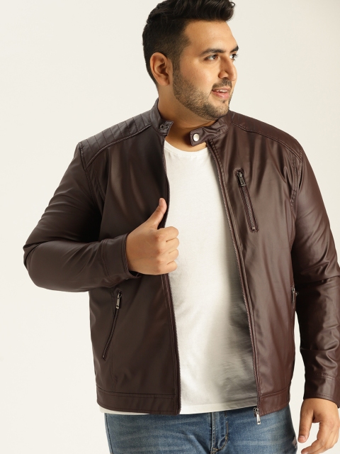 

Sztori Plus Size Men Coffee Brown Solid Biker Jacket