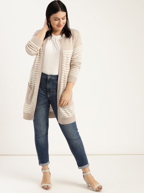 

Sztori Plus Size Women Peach-Coloured Off-White Striped Front-Open Longline Sweater