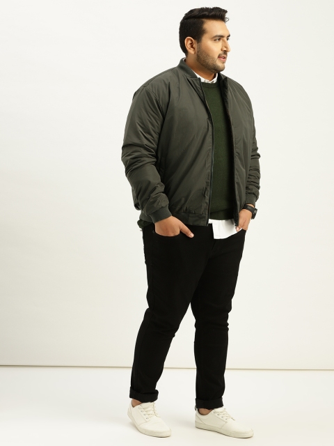 

Sztori Plus Size Men Olive Green Solid Bomber