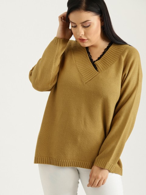 

Sztori Plus Size Women Mustard Brown Solid Pullover