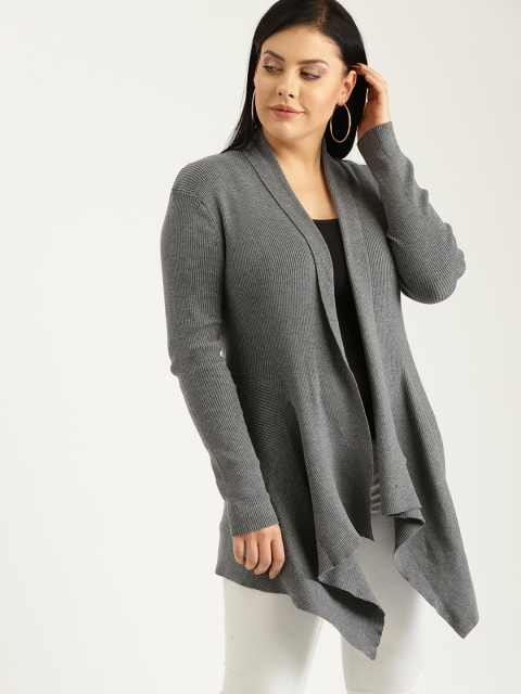 

Sztori Plus Size Women Grey Melange Ribbed Front-Open Sweater