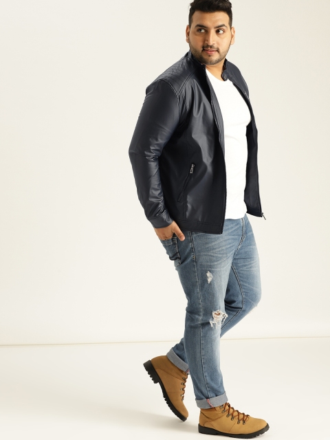 

Sztori Plus Size Men Navy Blue Solid Biker Jacket