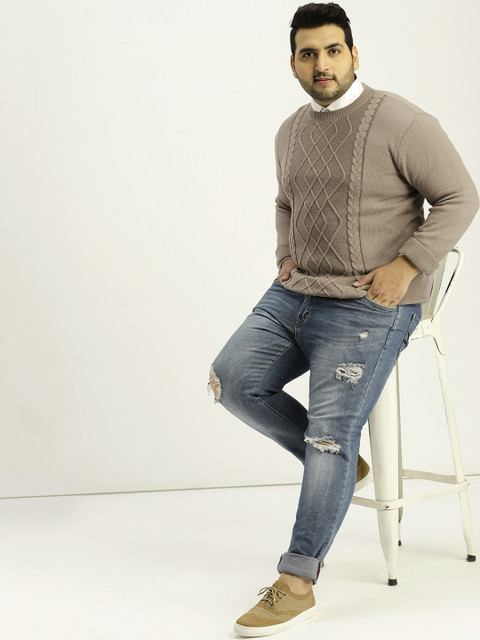 

Sztori Plus Size Men Beige Self Design Pullover