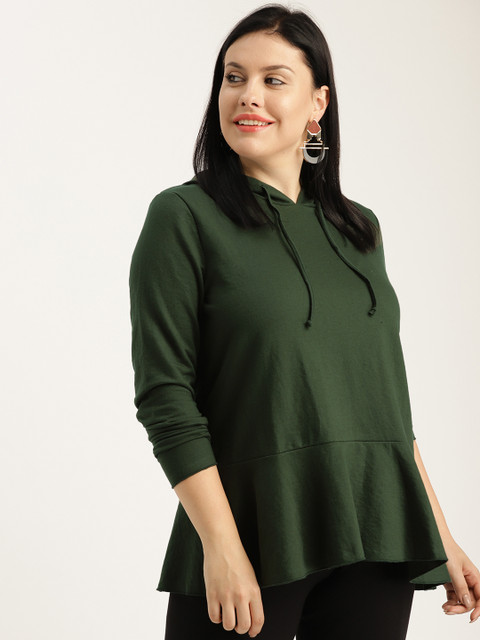 

Sztori Plus Size Women Olive Green Solid Hooded Sweatshirt