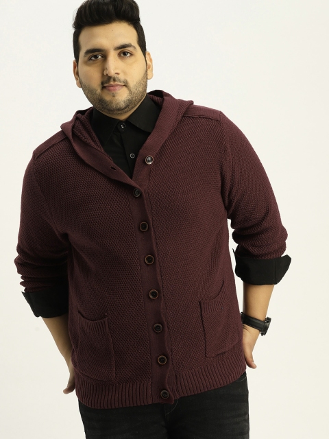 

Sztori Plus Size Men Burgundy Solid Cardigan