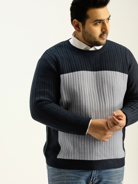 

Sztori Plus Size Men Navy Blue Lavender Colourblocked Pullover Sweater