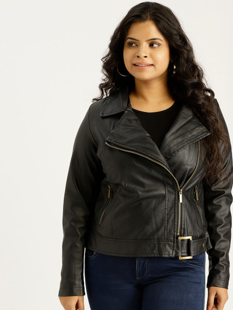 

Sztori Plus Size Women Black Solid Asymmetric Closure Biker Jacket
