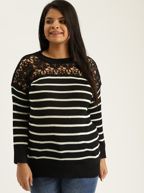 

Sztori Plus Size Women Black Cream-Coloured Striped Crochet Sweater