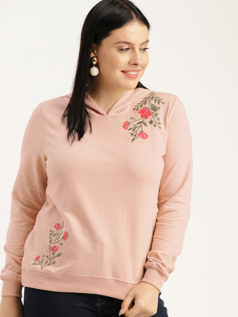 

Sztori Plus Size Women Peach-Coloured Self Design Hooded Sweatshirt