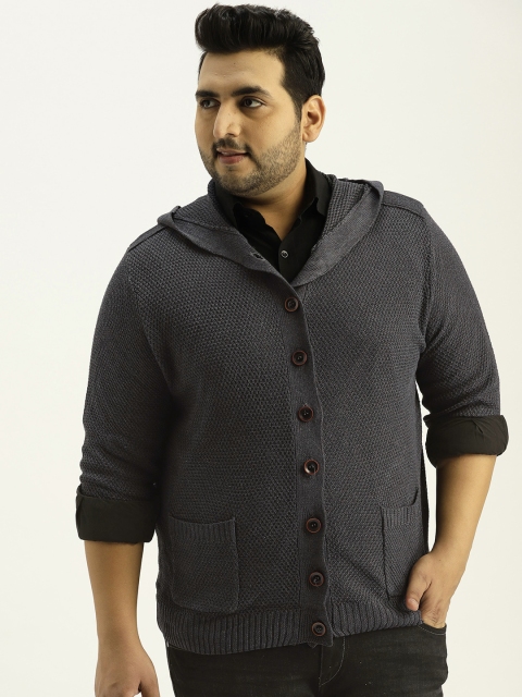 

Sztori Plus Size Men Charcoal Grey Solid Hooded Cardigan