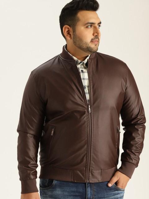 

Sztori Plus Size Men Brown Solid Bomber Jacket
