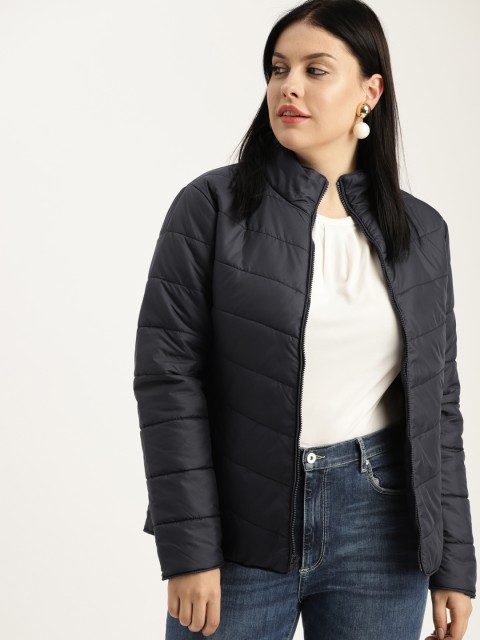 

Sztori Plus Size Women Navy Blue Solid Padded Jacket
