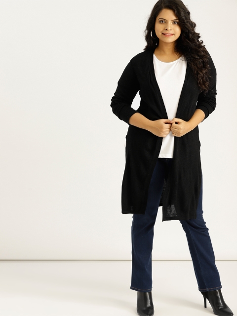 

Sztori Plus Size Women Black Solid Longline Front Open Sweater