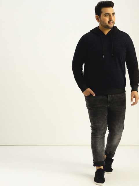

Sztori Plus Size Men Navy Blue Solid Hooded Sweatshirt