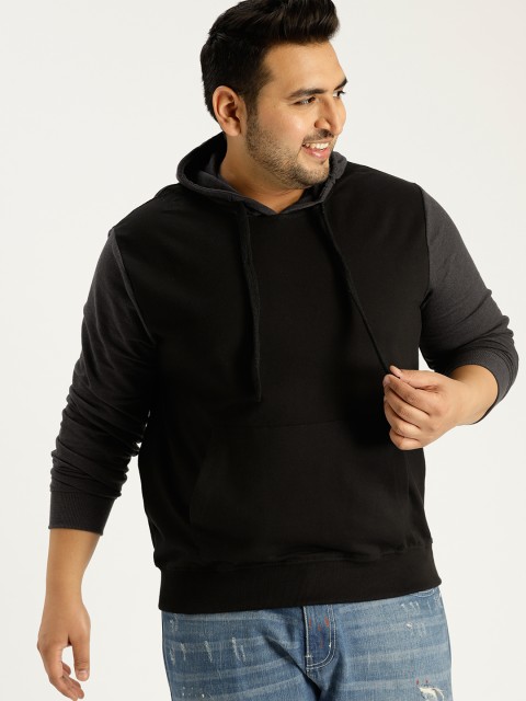 

Sztori Plus Size Men Black Solid Hooded Sweatshirt