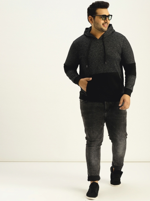 

Sztori Plus Size Men Charcoal Grey Black Solid Hooded Sweatshirt